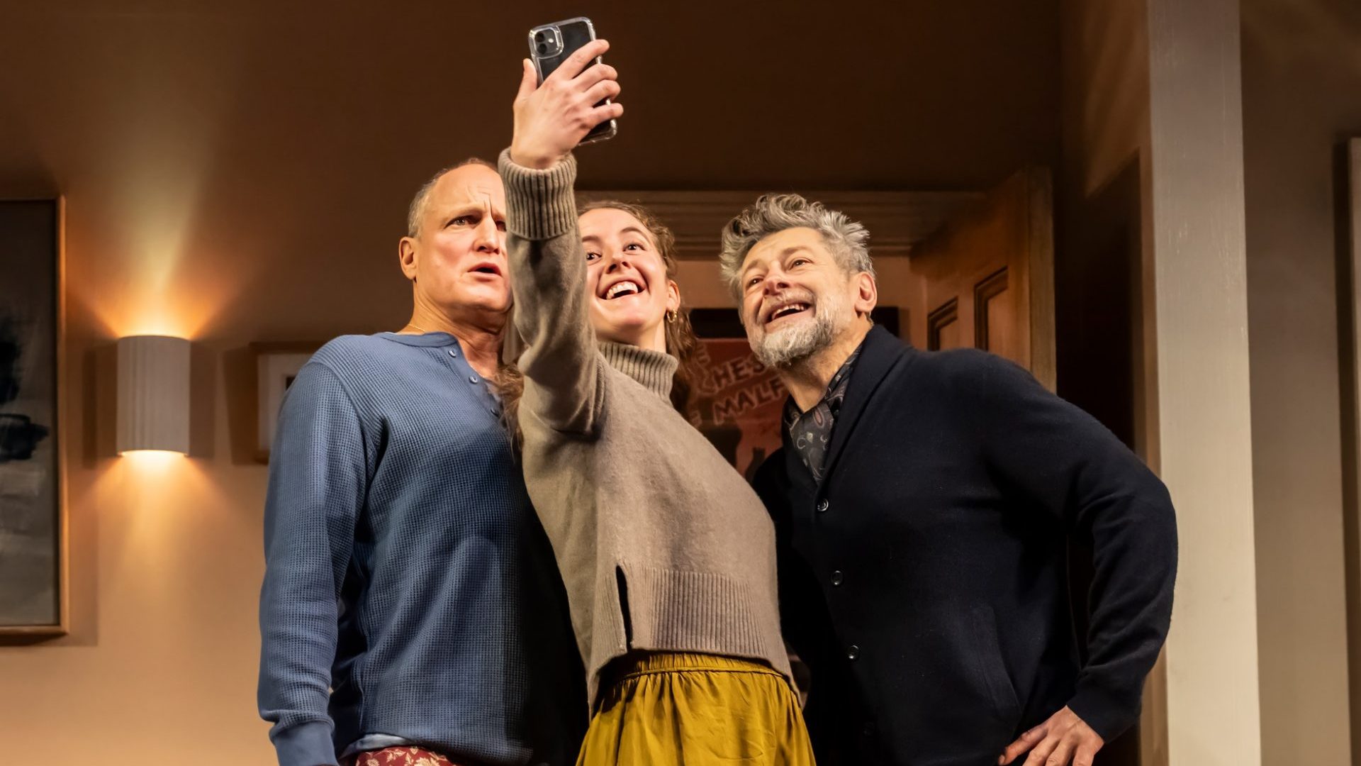 Woody Harrelson, Louisa Harland and Andy Serkis in Ulster American. Photo: Johan Persson