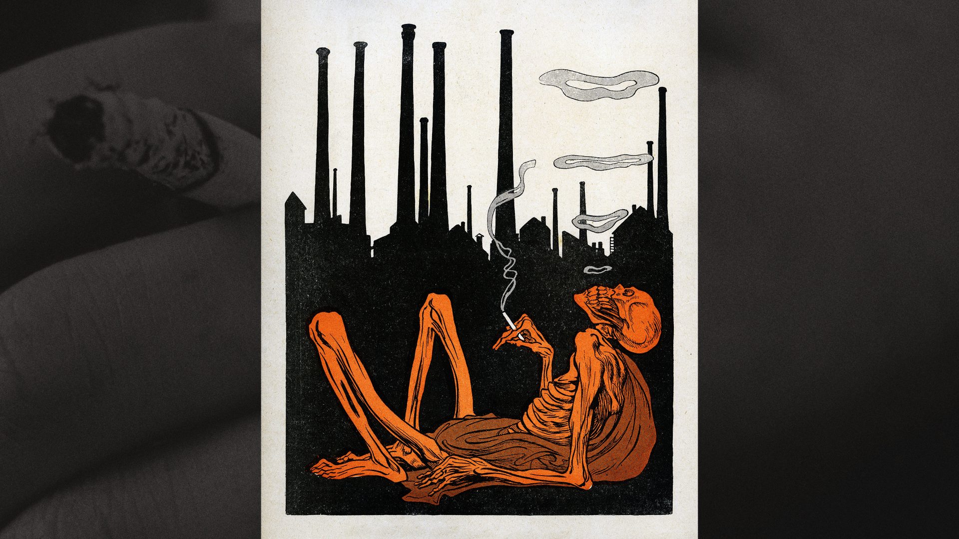 An illustration depicts a skeleton leaning back and smoking a cigarette against the silhouette of an industrial city, circa 1919. Photo: Jim Heimann Collection/Getty
