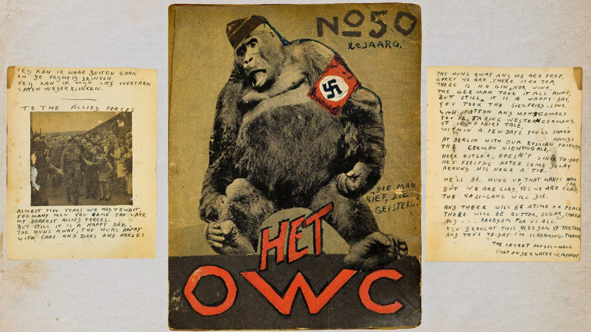 The covers for Het Onderwater Cabaret were collages created by Curt Bloch from the limited materials available. The final issue featured a poem titled ‘To The Allied Forces’. Photos: Jewish Museum Berlin