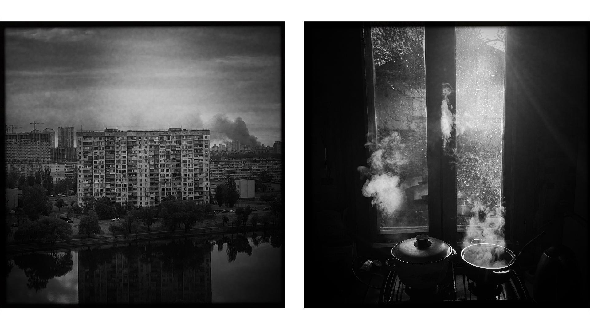 Diptych 1, from the series War Diary.
Left, smoke rises after Russian bombing seen from our apartment window in Kyiv.
Cooking on the little gas stove while staying with relatives in Vyhraiv, Cherkasy Oblast
