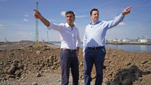 Rishi Sunak, then Tory leadership hopeful, visits the Teesside freeport construction site in July 2022 with the Tees Valley mayor, Ben Houchen. Photo: Ian Forsyth/Getty
