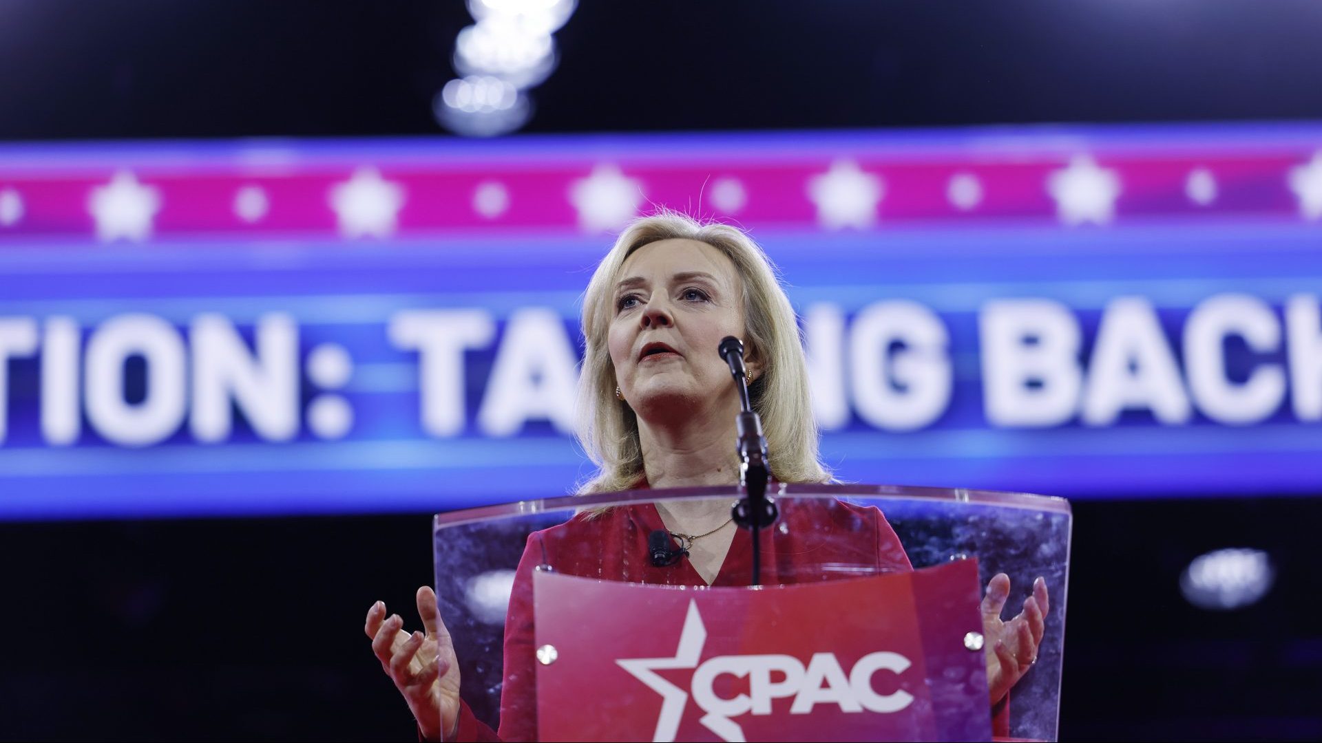 Liz Truss speaks during the Conservative Political Action Conference (Photo by Anna Moneymaker/Getty Images)