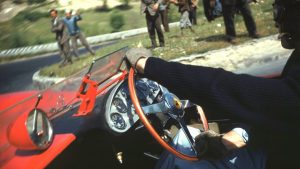 A photo taken from the passenger seat of race leader Peter Collins’ Ferrari 335 Sport by navigator and photographer Louis Klemantaski during the 1957 Mille Miglia, in the mountains on the approach to Rome
Photo: Klemantaski Collection/Getty
