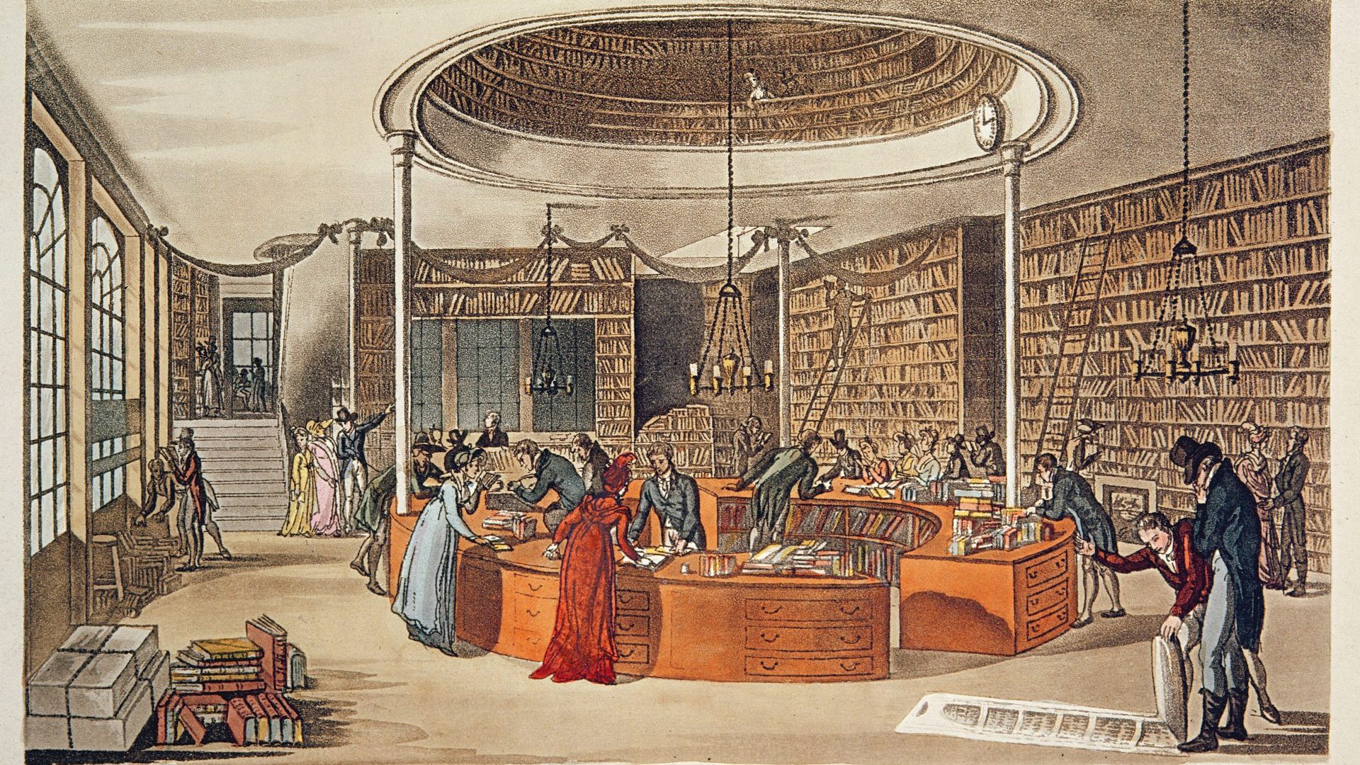 A hand-coloured etching of Messrs Lackington, Allen & Co, Temple of the Muses, Finsbury Square, London, 1809. Photo: Culture Club/Art Images/Getty