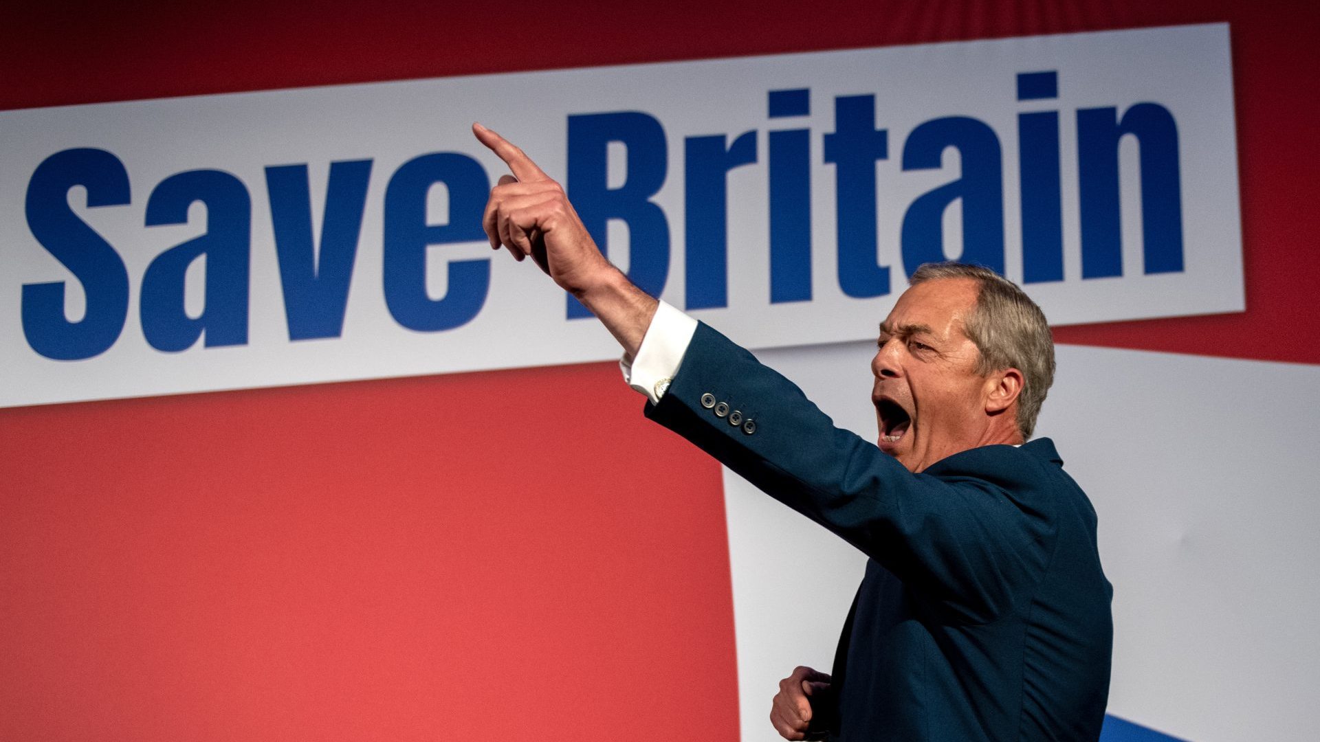 Nigel Farage at the Reform conference in 2023. His party now leads in YouGov's tracker poll (Photo by Chris J Ratcliffe/Getty Images)