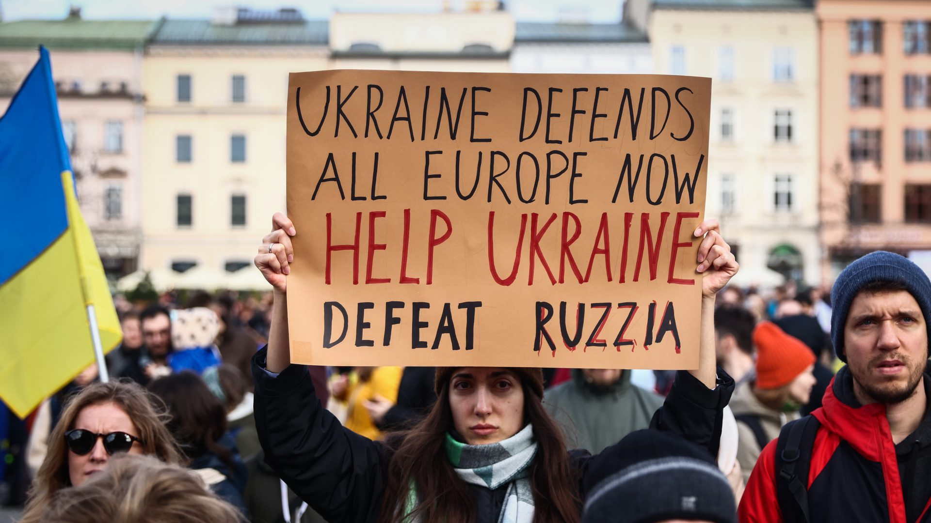 Ukrainian citizens and supporters attend the march ' Together For Victory ' to show solidarity with Ukraine and commemorate two year anniversary of Russian invasion on Ukraine. Photo: Beata Zawrzel/NurPhoto via Getty Images