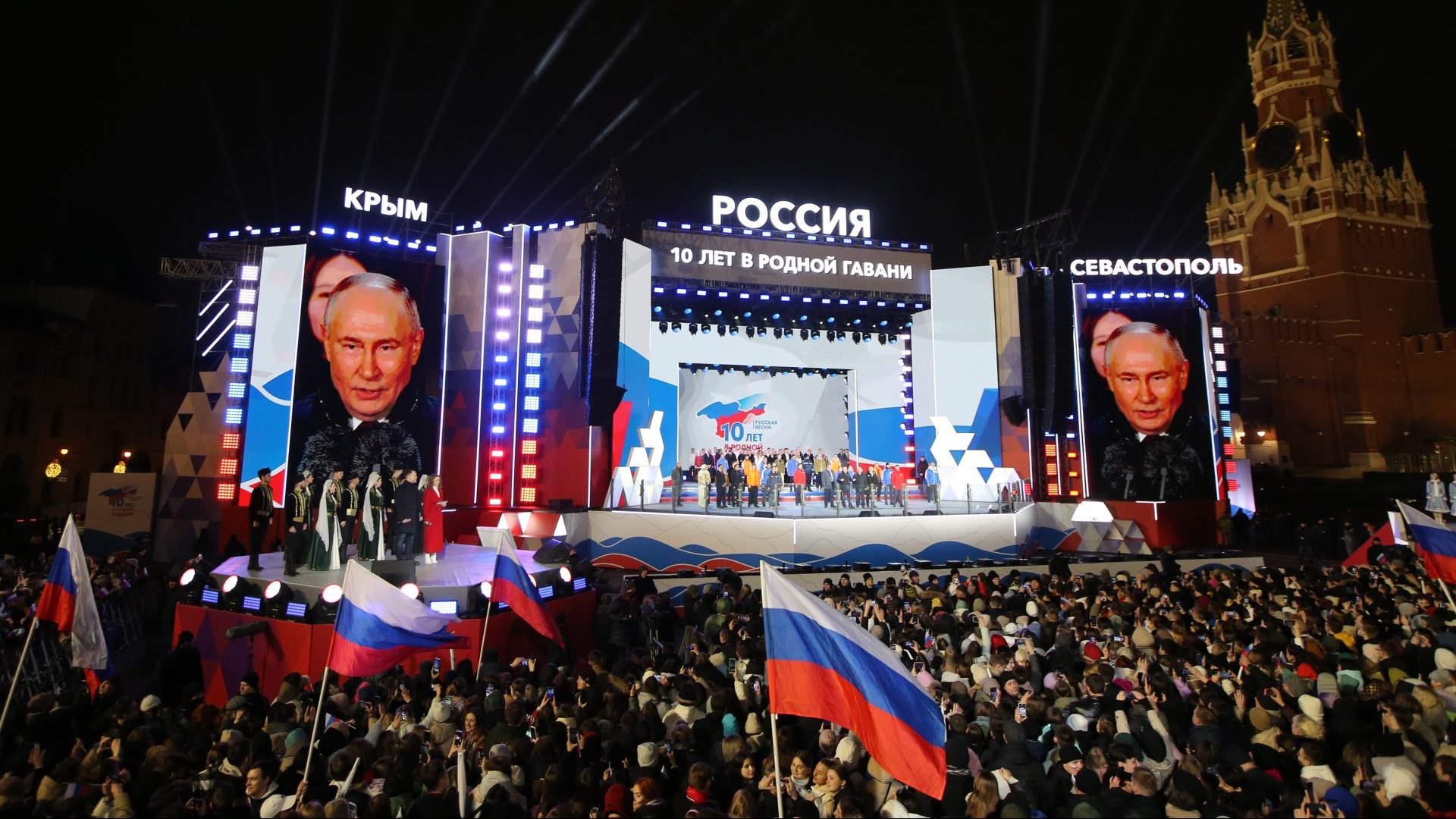 Vladimir Putin speeches during the concert at Red Square, mariking 10th anneversary of Russian military annexation of Crimea. Photo: Contributor/Getty Images