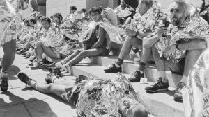 Marathon runners rest after completing the London Marathon, May 1984 (Photo by Reg Lancaster/Daily Express/Hulton Archive/Getty Images)