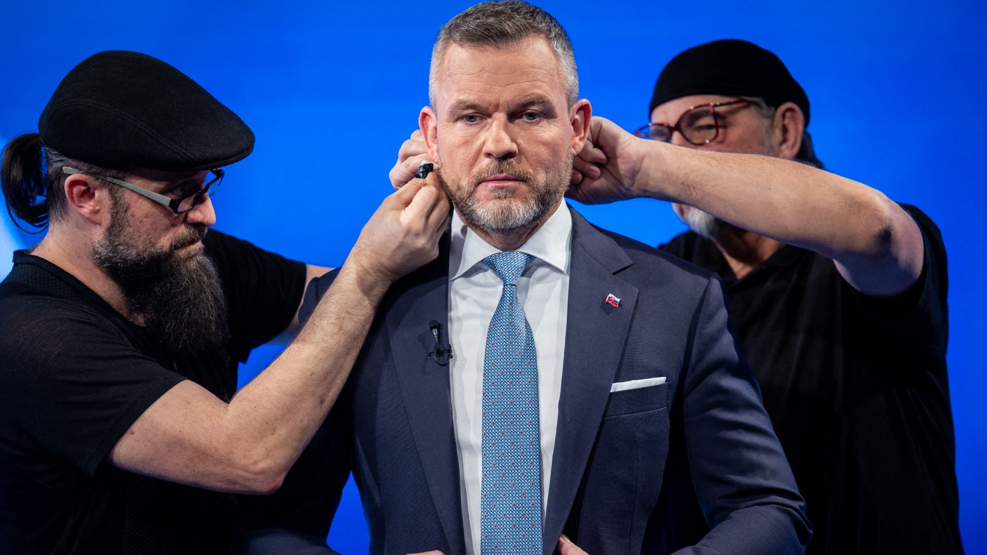 Slovakia’s new, Ukraine-sceptic president Peter Pelligrini is prepared for a TV appearance. He defeated Ivan Korčok in last weekend’s run-off. Photo: Tomáš Benedikovič/AFP