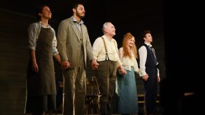 Cast members Louisa Harland, Daryl McCormack, Brian Cox, Patricia Clarkson and Laurie Kynaston bow at the curtain call during the press night performance of "Long Day's Journey Into Night" at Wyndham's Theatre (Photo by Alan Chapman/Dave Benett/Getty Images)