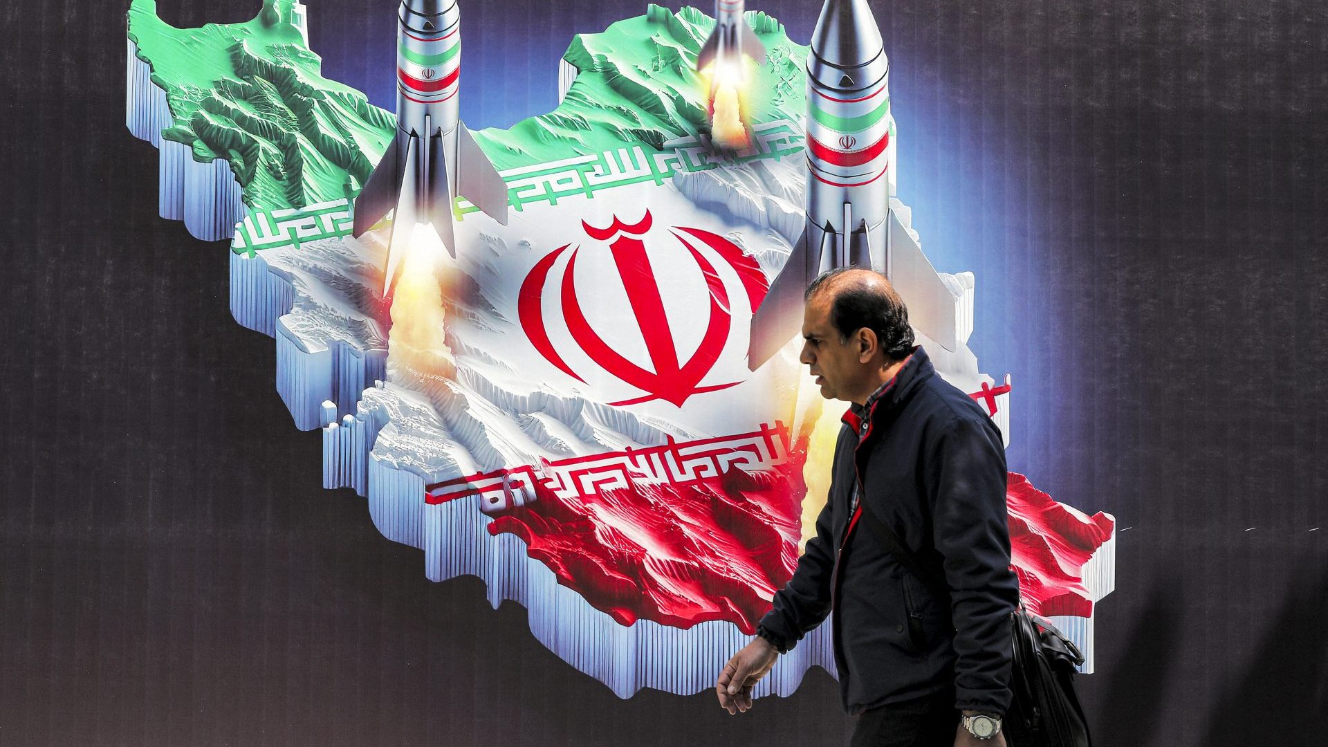 A banner in Tehran depicts missiles launching from a representation of the map of Iran, April 15, 2024. Photo: Atta Kenare/AFP/Getty