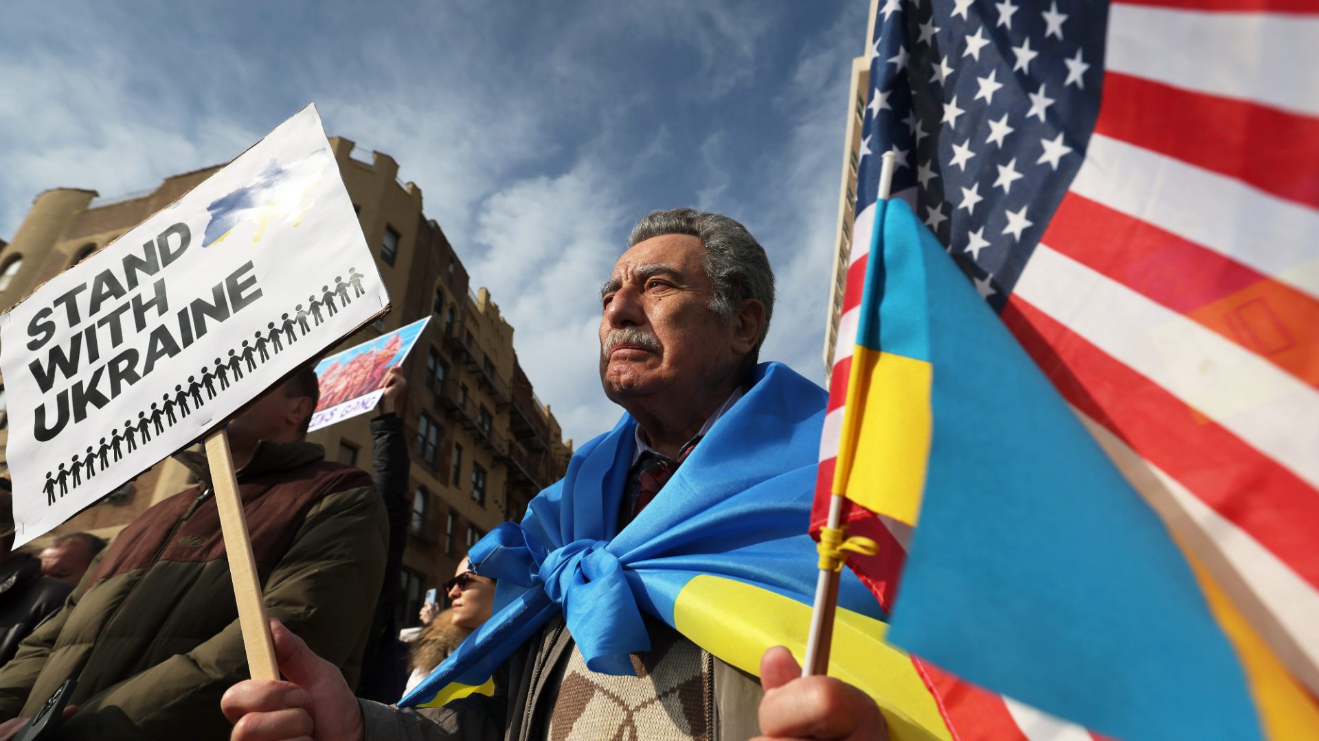 Lenny, who only gave his first name, joins people for a rally in support of Ukraine in Brighton Beach, New York on March 6, 2022, 11 days after the start of the war. Photo: Michael M Santiago/Getty