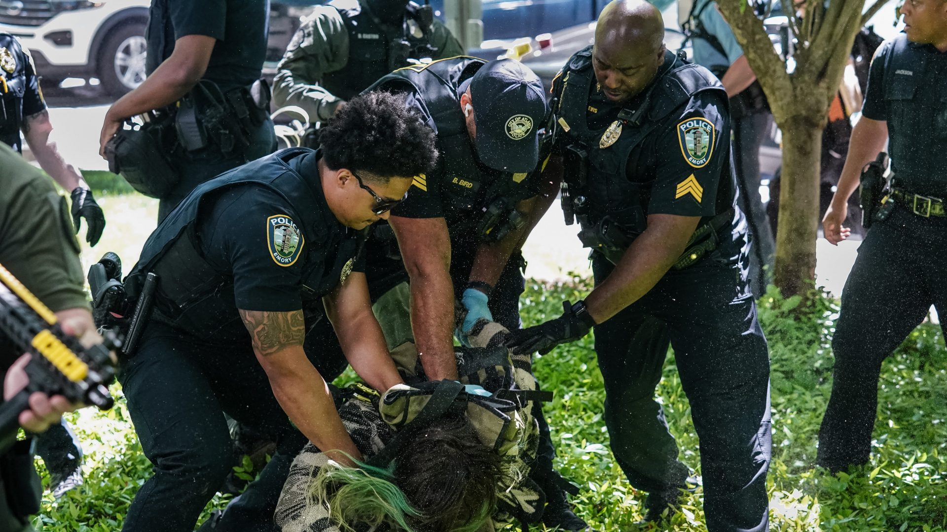 Officers arrest a demonstrator during a pro-Palestinian protest at Emory University in Atlanta, Georgia. Photo: Elijah Nouvelage/AFP/Getty 