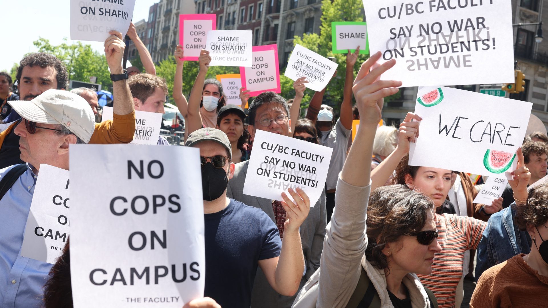 Columbia University professors demonstrate outside the Columbia campus. Photo:  CHARLY TRIBALLEAU/AFP via Getty Images