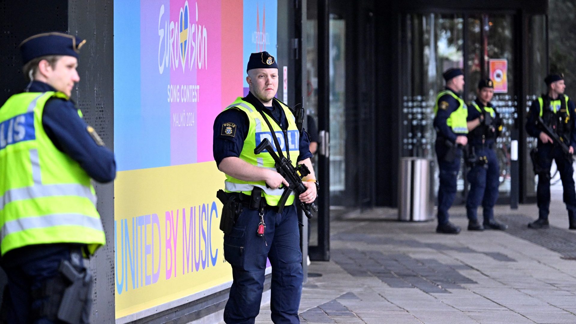 Police patrol outside the venue for the opening ceremony of the 68th Eurovision Song Contest in Malmö, Sweden. The final takes place on May 11. Photo: Johan Nilsson/TT News/AFP/Getty