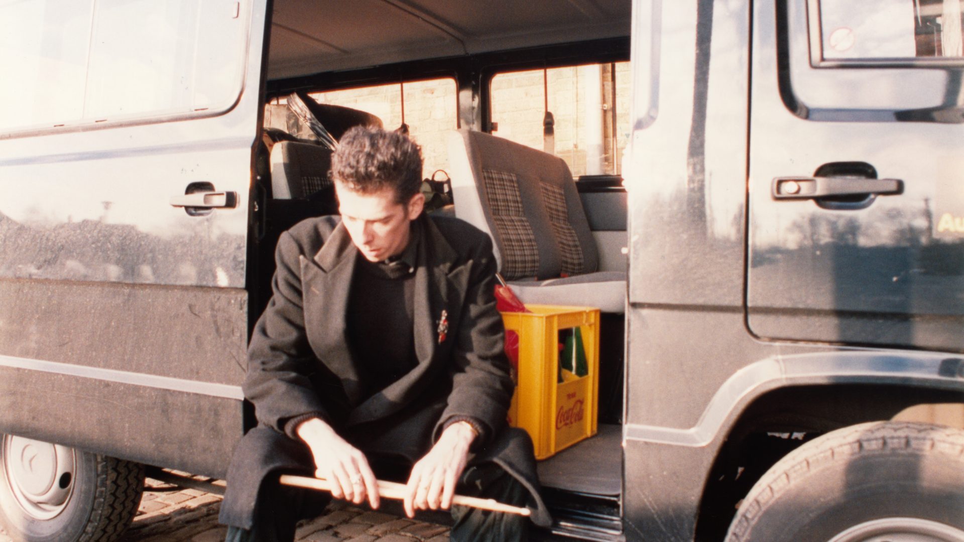 Rock musician and singer Max Décharné outside the Glashaus venue in Bad Salzuflen, Germany, 1990. Photo: Max Décharné