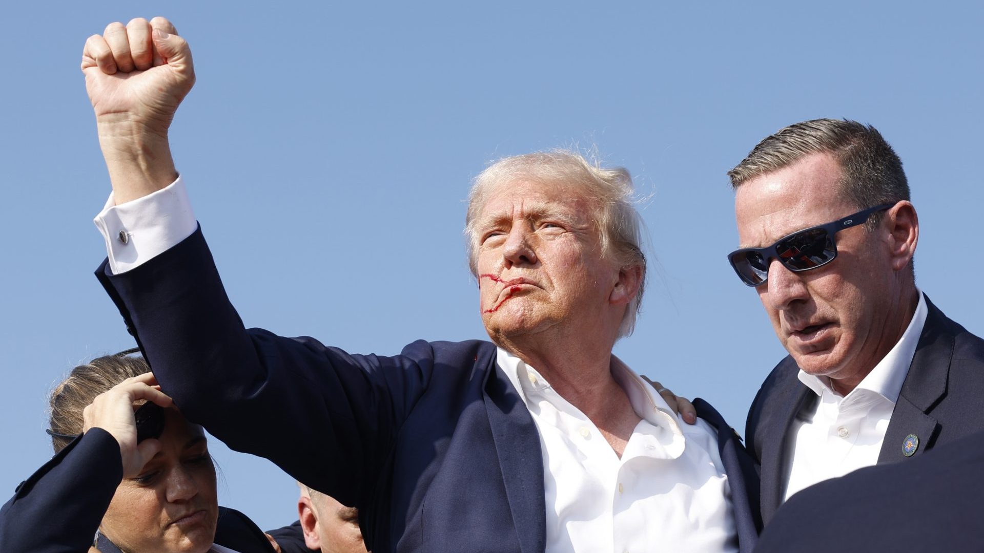 Republican presidential candidate former President Donald Trump is rushed offstage during a rally. Photo: Anna Moneymaker/Getty Images