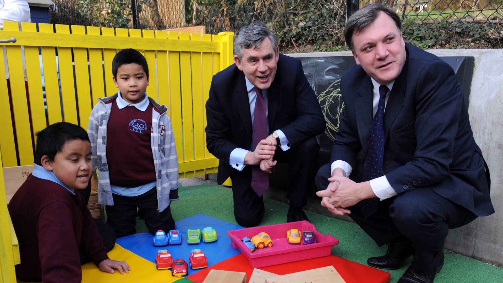 Then prime minister Gordon Brown and education secretary Ed Balls visit a Sure Start children's centre in South London in 2010 (Pic: JEREMY SELWYN/AFP via Getty Images)