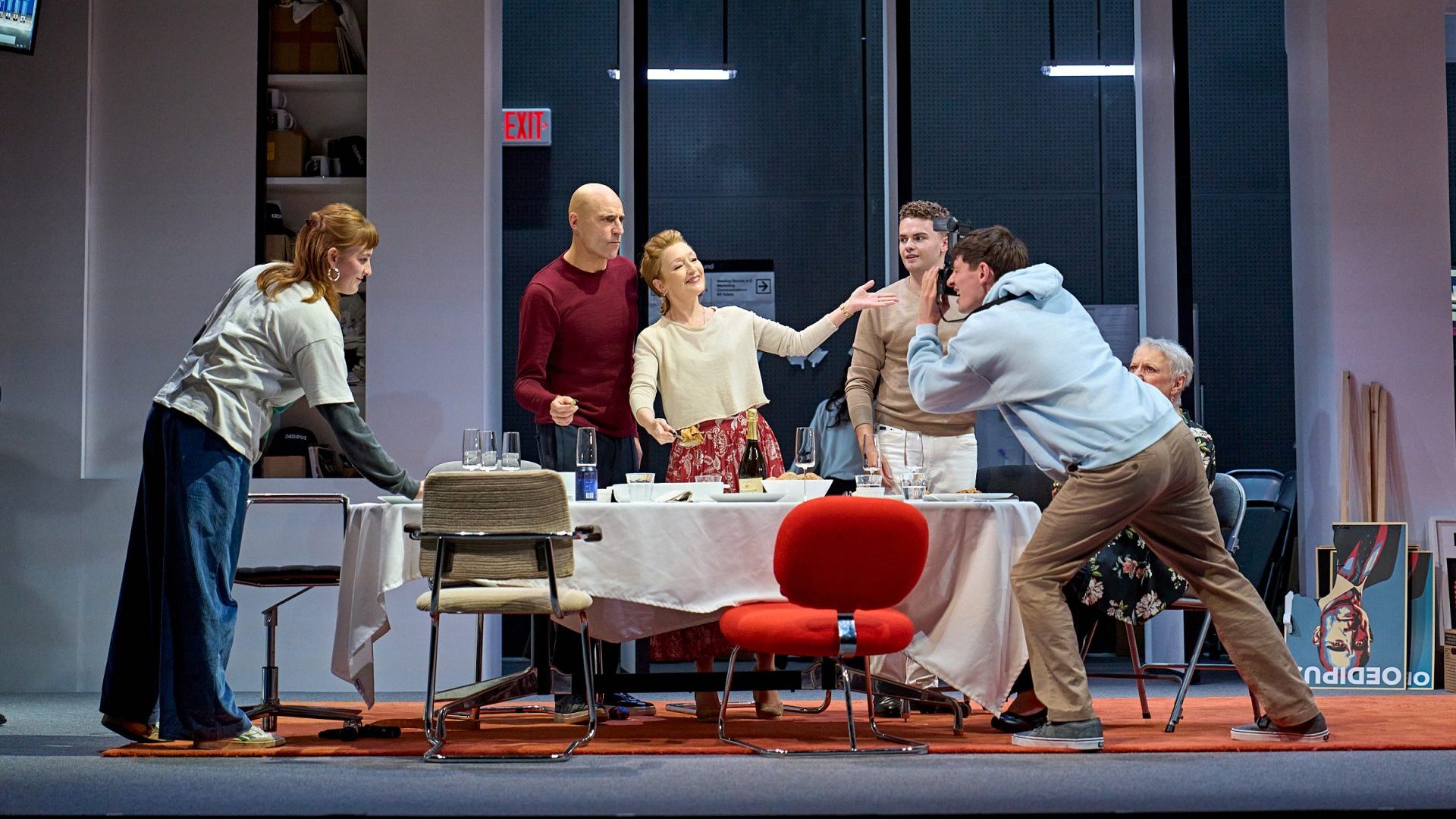 Phia Saban (Antigone), Mark Strong (Oedipus), Lesley Manville (Jocasta), James Wilbraham (Polyneices) and Jordan Scowen (Eteocles) in Oedipus. Picture: Manuel Harlan