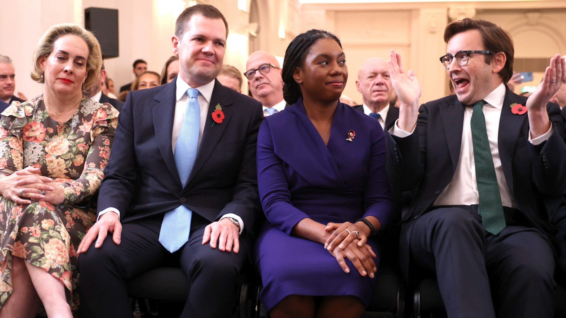 Kemi Badenoch is congratulated by her husband, Hamish, after beating Robert Jenrick, second left, to become Tory Party leader. Photo: Dan Kitwood/Getty
