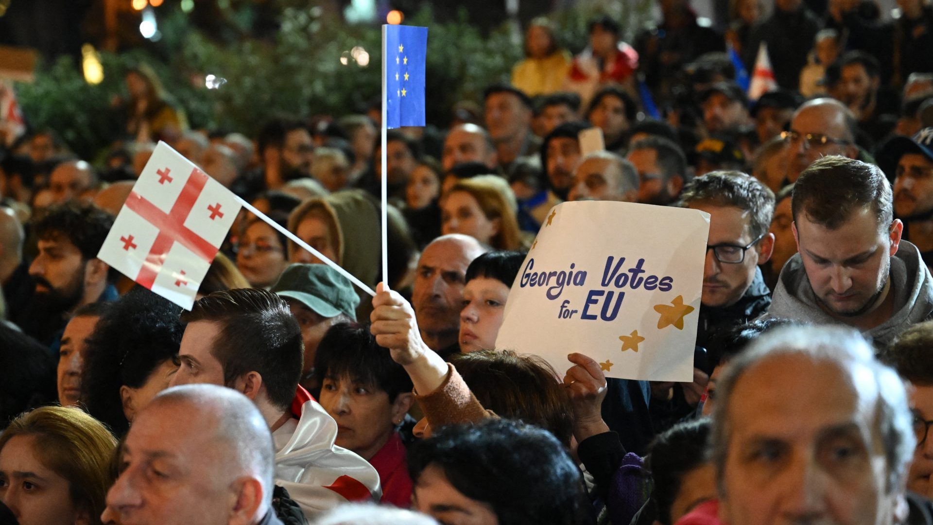 Georgian opposition supporters rally to protest results of the parliamentary elections that showed a win for the ruling Georgian Dream party. Photo: VANO SHLAMOV/AFP via Getty Images