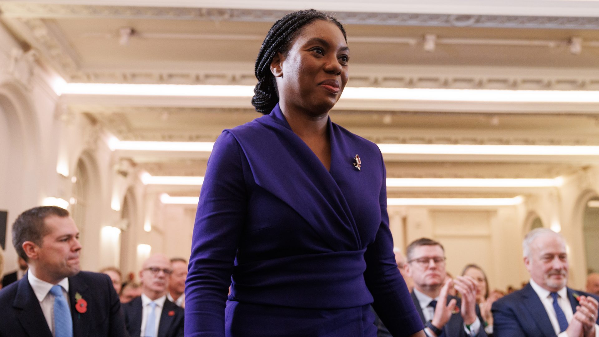 Kemi Badenoch stands to make a speech after winning the Conservative Party leadership. Photo: Dan Kitwood/Getty Images