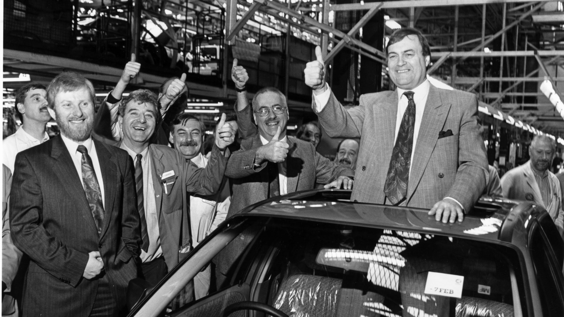 John Prescott as he meets workers during his visit to Vauxhall's Ellesmere Port plant, 1992. Photo: Eddie Barford/Mirrorpix/Getty Images