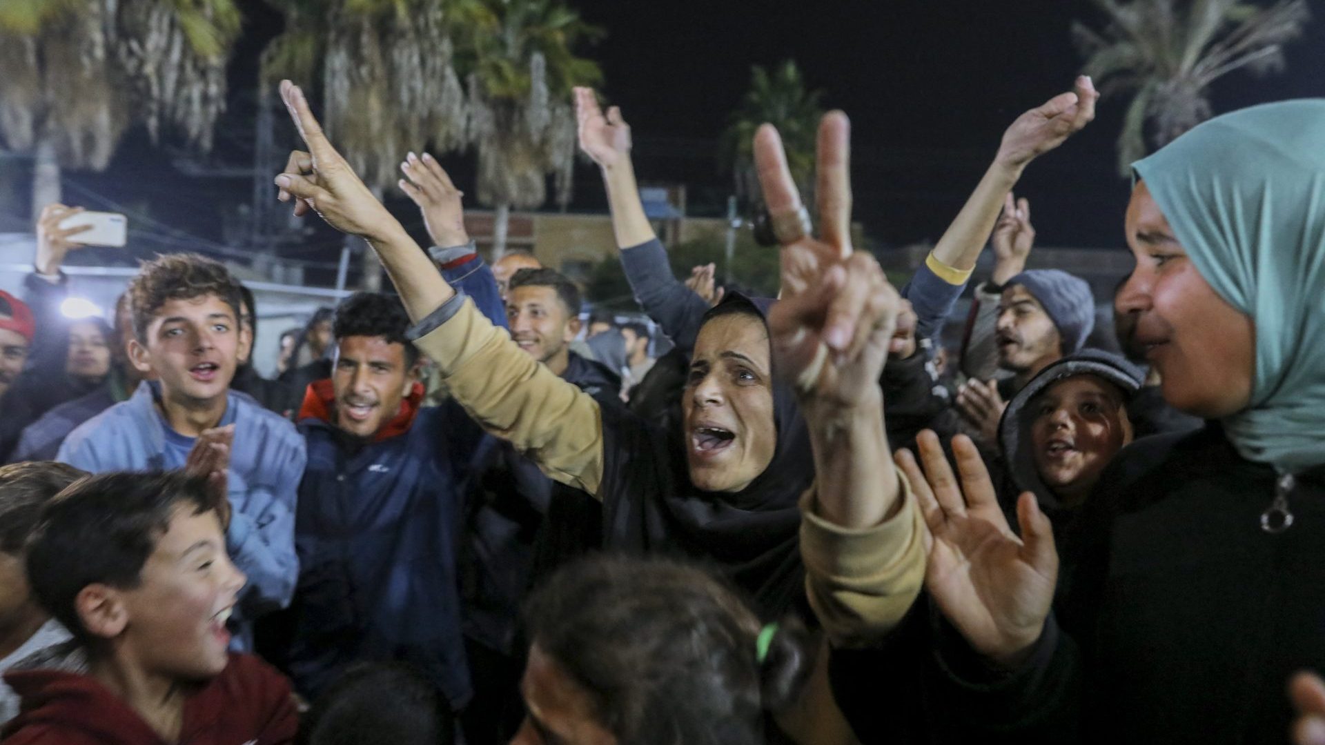 Gazans celebrate as a ceasefire and hostage release deal had been reached between Israel and Hamas. Photo: YOUSSEF ALZANOUN/Middle East Images/AFP via Getty Images