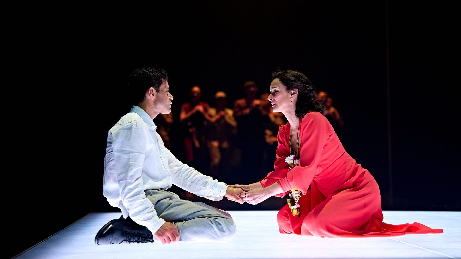 Rami Malek (Oedipus) and Indira Varma (Jocasta) in Oedipus at The Old Vic. Photo: Manuel Harlan