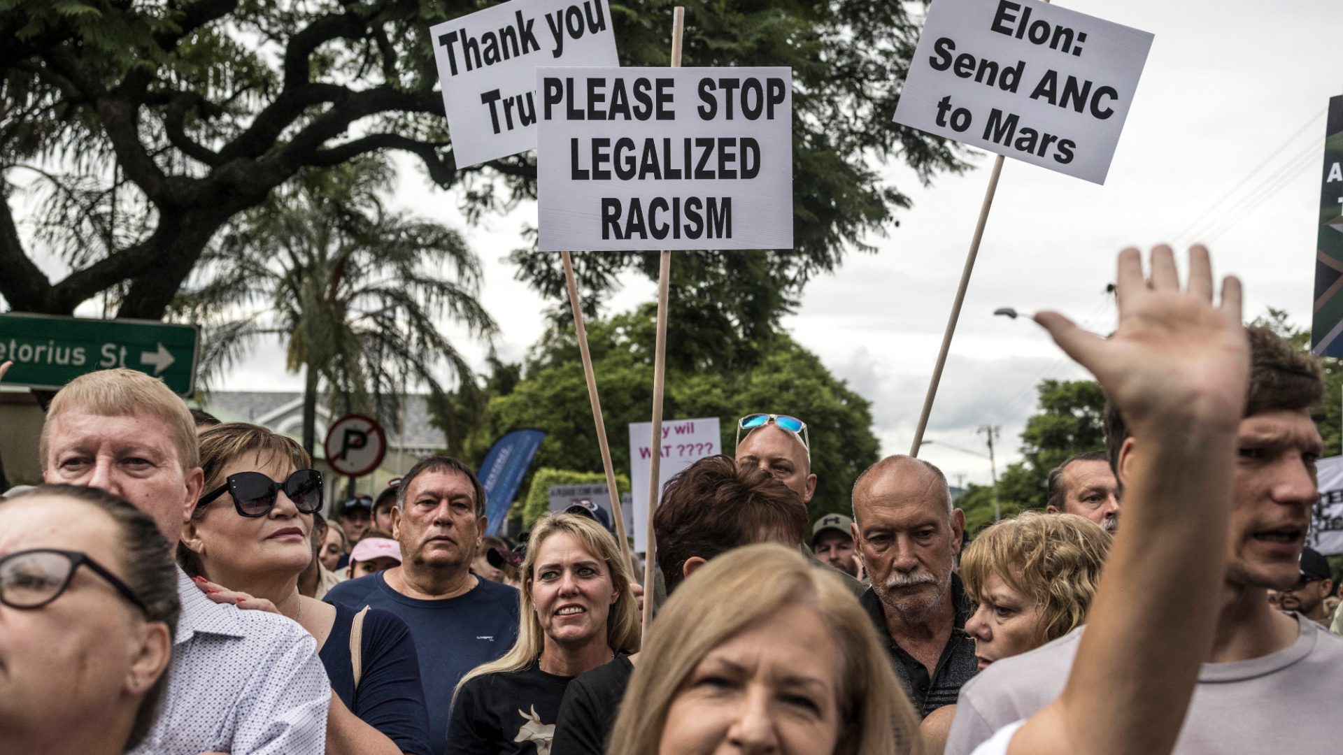 White South Africans protest about a land expropriation act at the US Embassy in Pretoria, February 2025. Photo: Marco Longari/AFP/Getty
