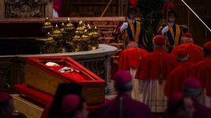Late Pope Francis lies in state during a ceremony inside St Peter's Basilica. Photo: DIMITAR DILKOFF/AFP via Getty Images