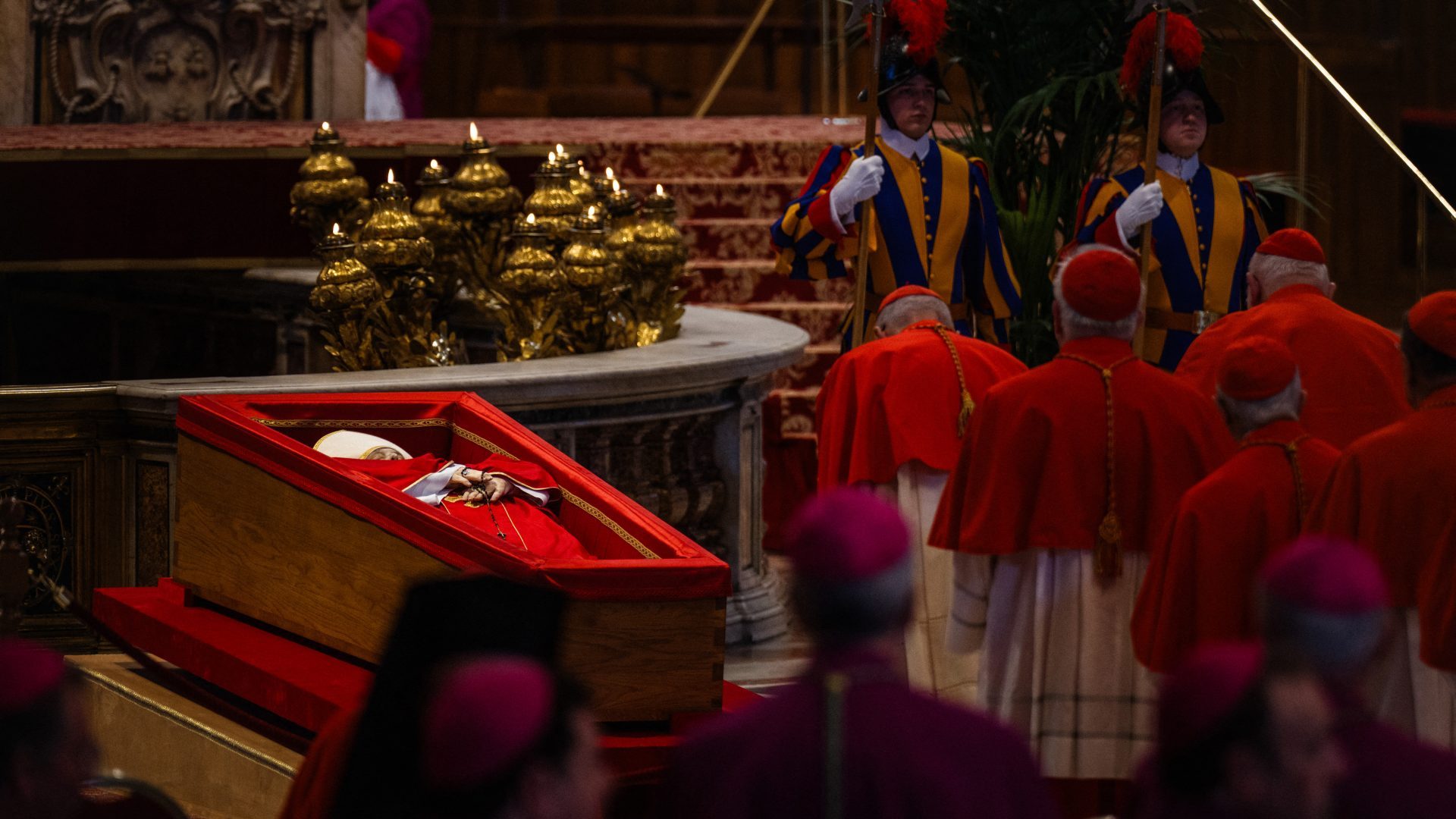 Late Pope Francis lies in state during a ceremony inside St Peter's Basilica. Photo: DIMITAR DILKOFF/AFP via Getty Images