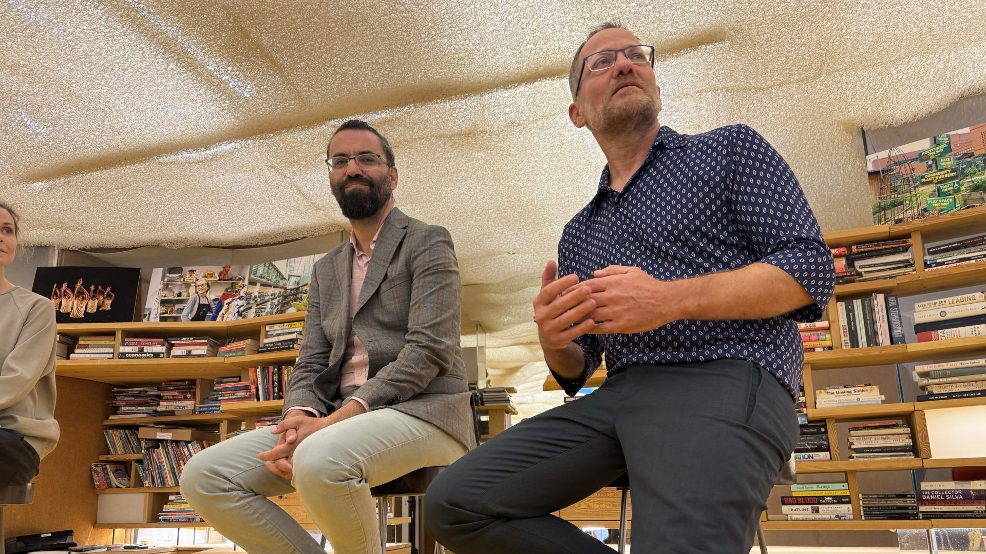 Aziz Abu Sarah (left) and Maoz Inon speaking at a recent event in London organised by the Next Economy Trust. Photo: Matt Kelly