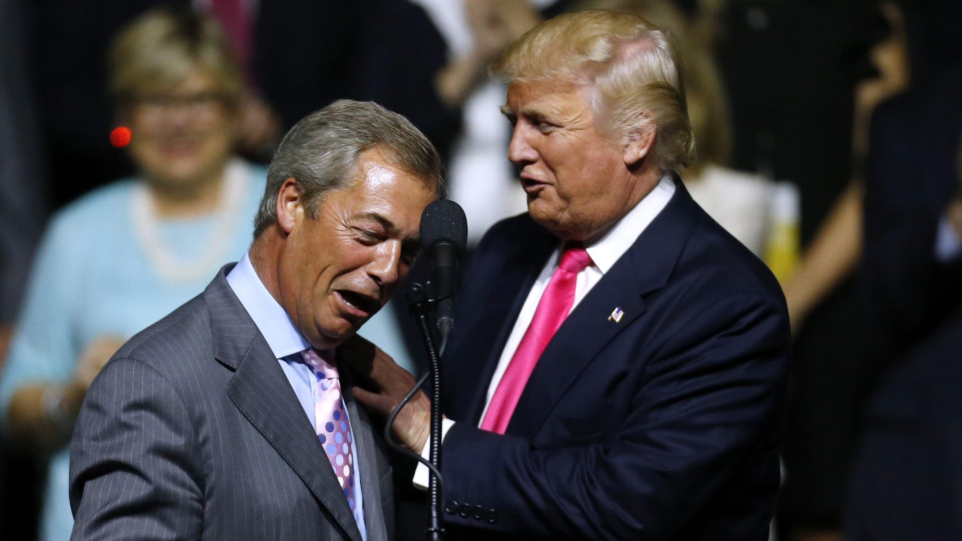 Nigel Farage, who spewed hate for his own country for money in America, is suddenly very quiet about the
merits of Donald Trump. Photo: Jonathan
Bachman/Getty
