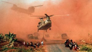Chinook helicopters assist in evacuating soldiers of the South Vietnamese army and their families from Xuan Loc, Vietnam, April 1975. Photo: Dirck Halstead/Getty