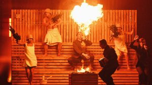 Finnish comedy trio KAJ perform their song Bara bada bastu for Sweden in the rehearsals for this year’s Eurovision Song Contest. Photo: Sebastien Bozon/AFP/Getty